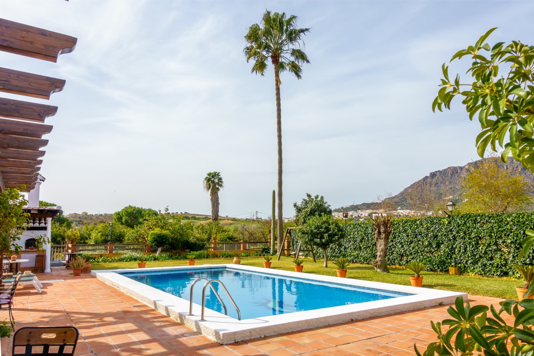 Stunning white villa facade featuring a private pool and palm tree.